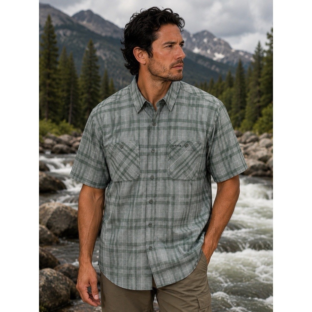 NWT Orvis Duck Green Plaid Short Sleeve Tech Quick Dry Shirt UPF 30+ Men's L